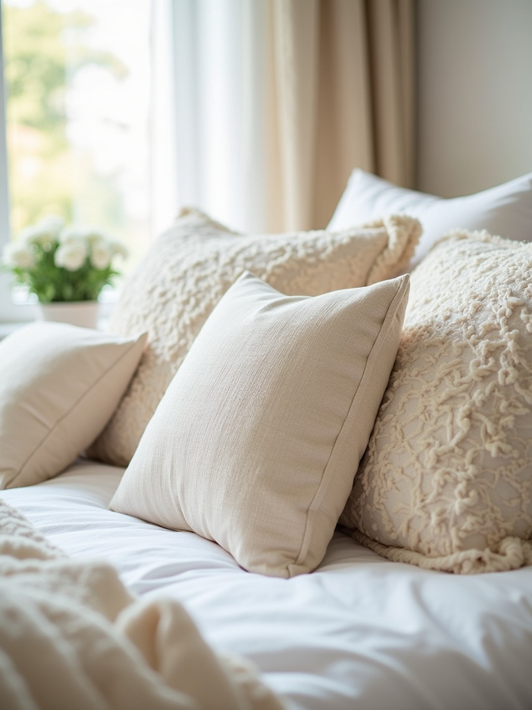 Decorative throw pillows in various shapes, sizes, and textures are layered on a bed.