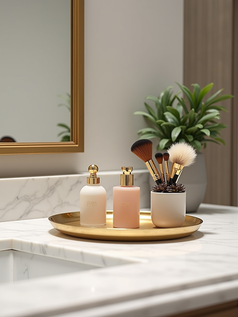 Contemporary bathroom countertop with a decorative gold tray holding perfume bottles, makeup brushes, and a small plant.