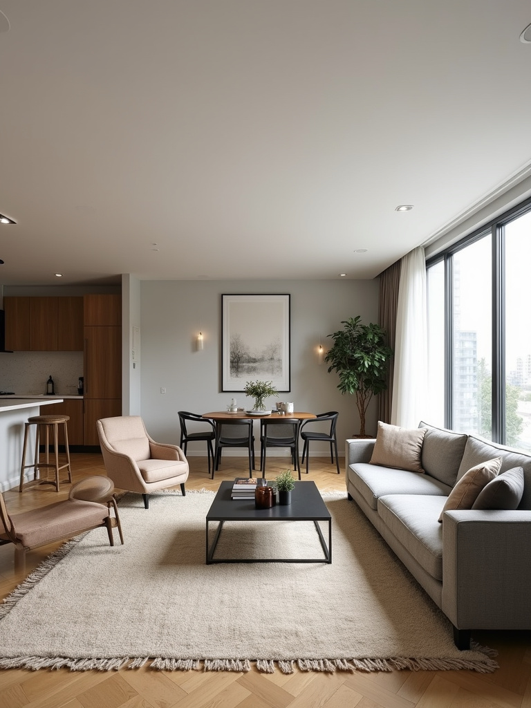 Modern living room with a large beige rug defining the seating area in an open-plan apartment.
