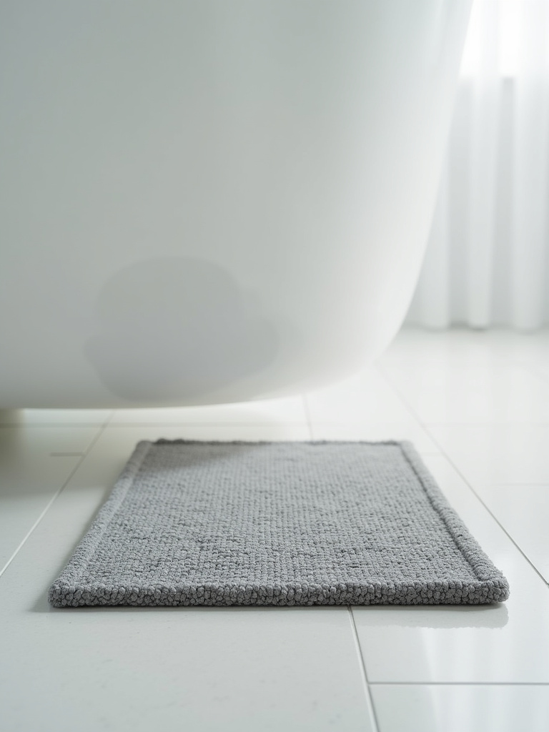 Minimalist bathroom floor with a simple rectangular gray bath mat.