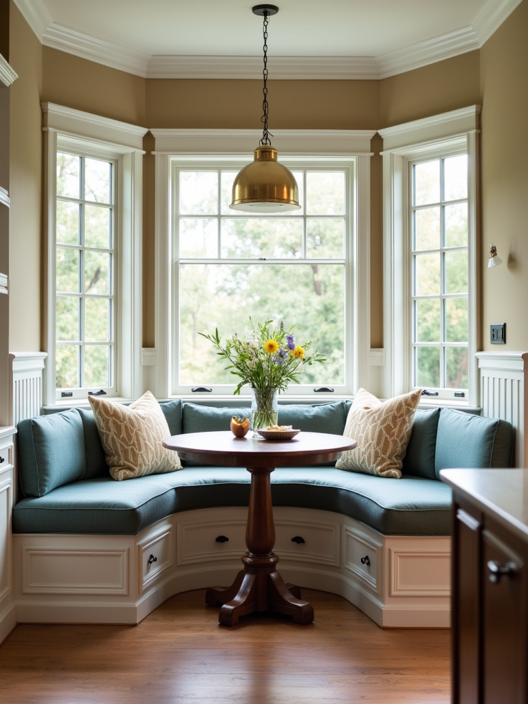 Cozy traditional kitchen breakfast nook with banquette seating.
