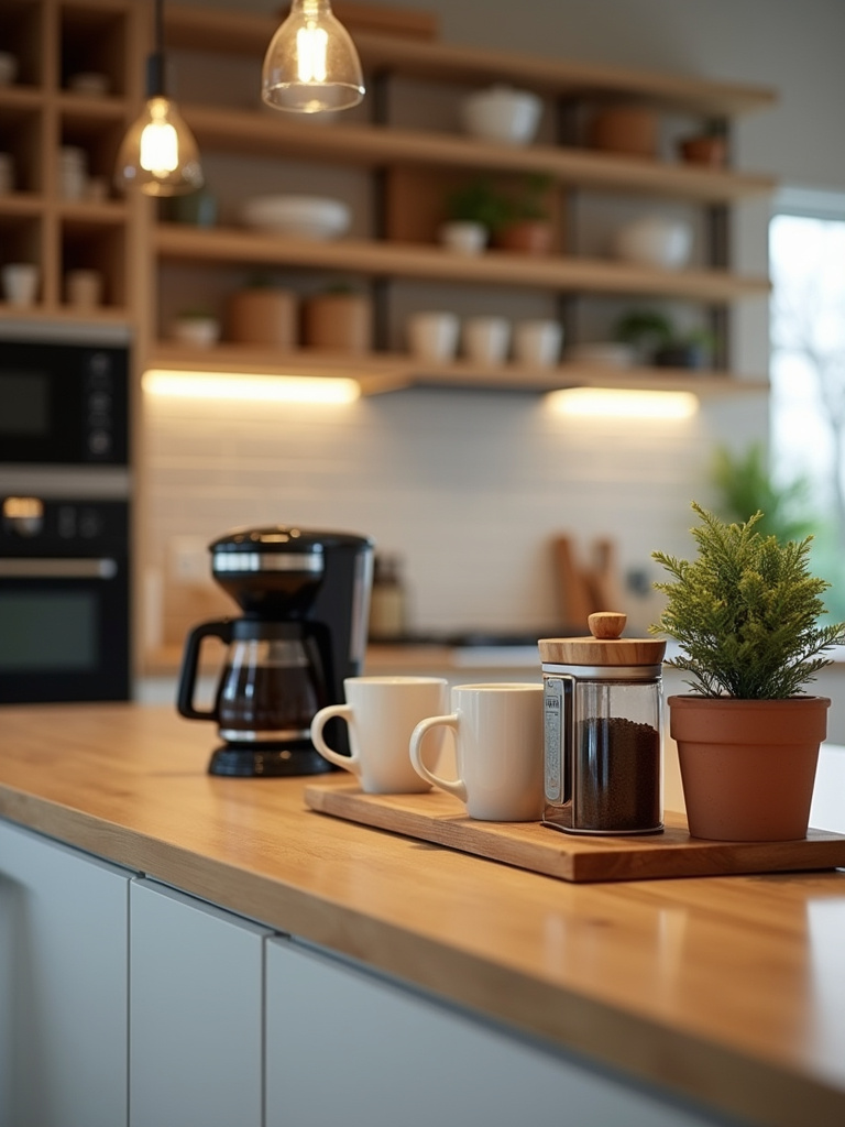 Designated coffee station with coffee maker, mugs, and accessories on a light wooden kitchen countertop in a cozy kitchen.