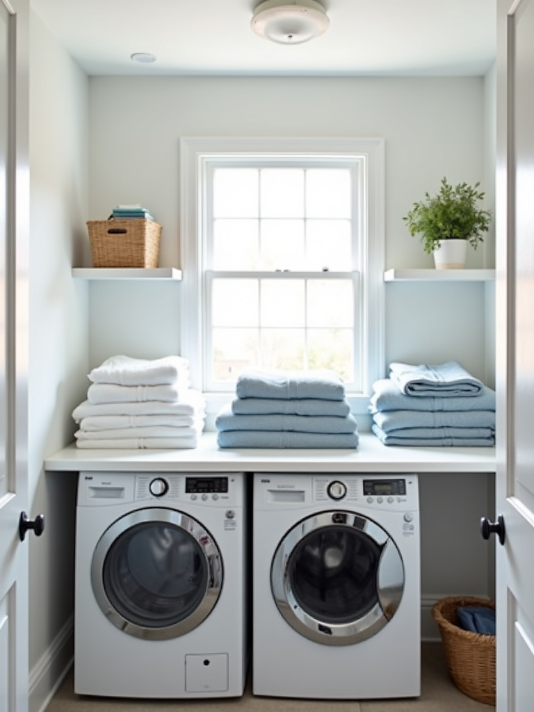A functional laundry room featuring a spacious white countertop folding station above the washer and dryer, showcasing an efficient and organized laundry workspace.