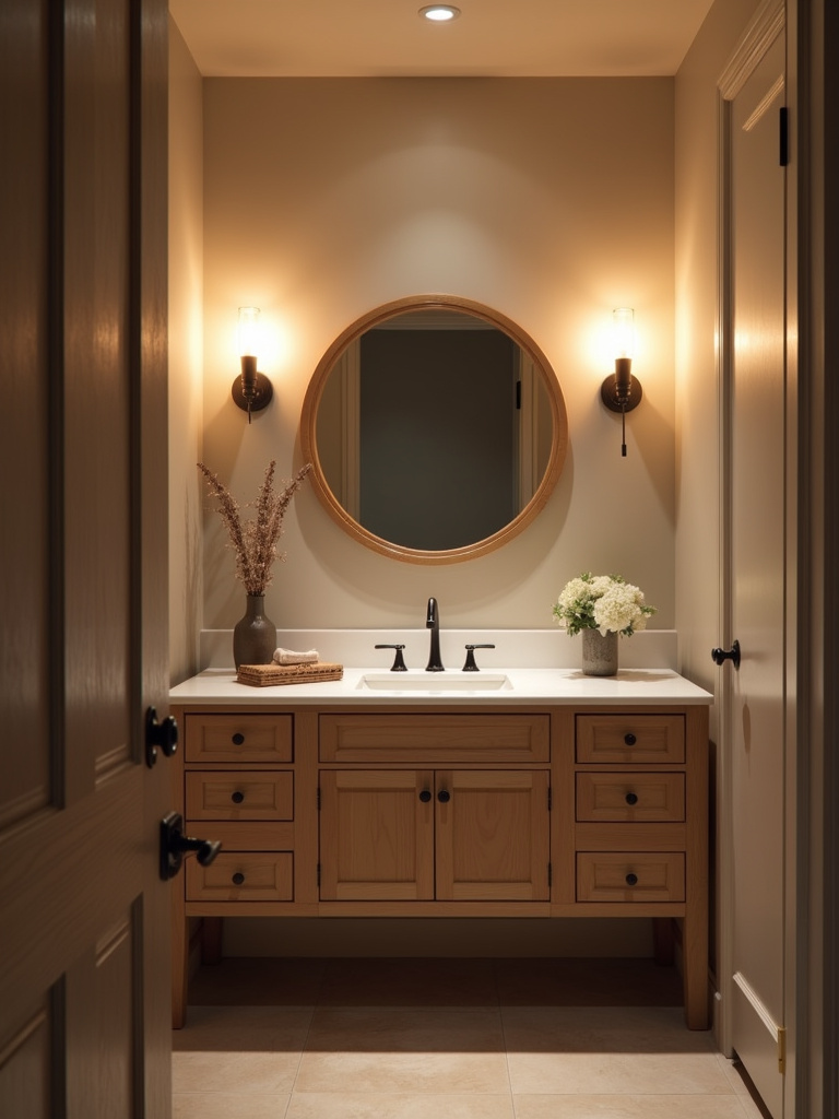 Cozy bathroom with dimmable vanity sconces creating a relaxing ambiance.