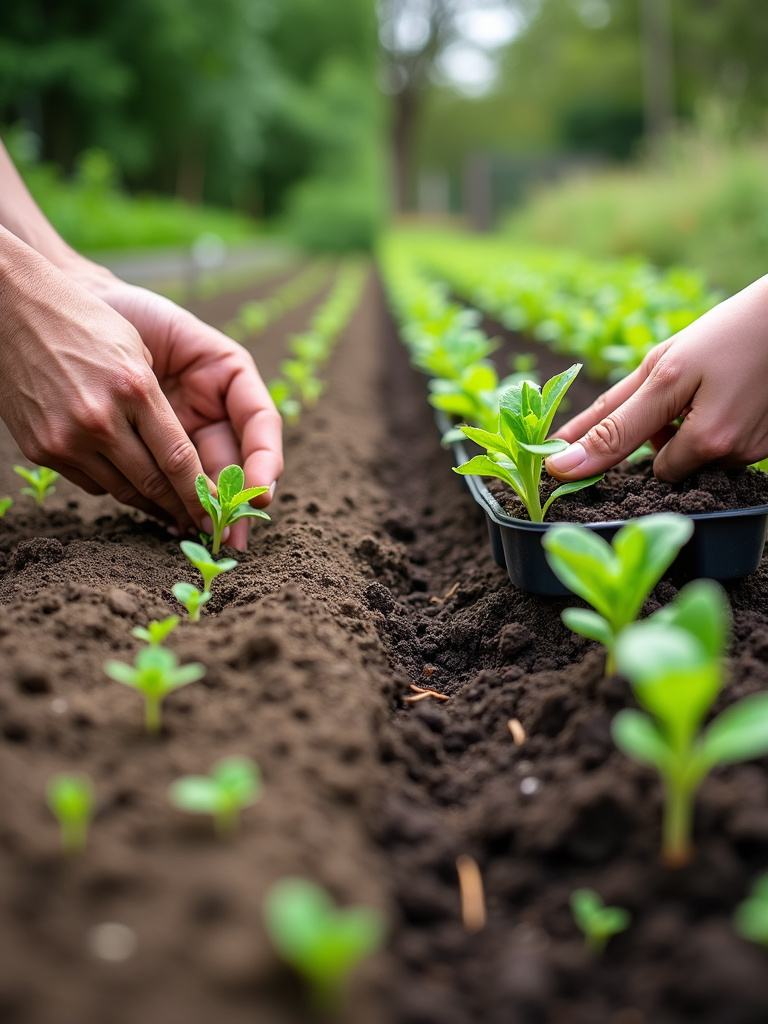 Split image contrasting direct sowing seeds in one garden plot and transplanting seedlings in another, illustrating two vegetable planting methods.