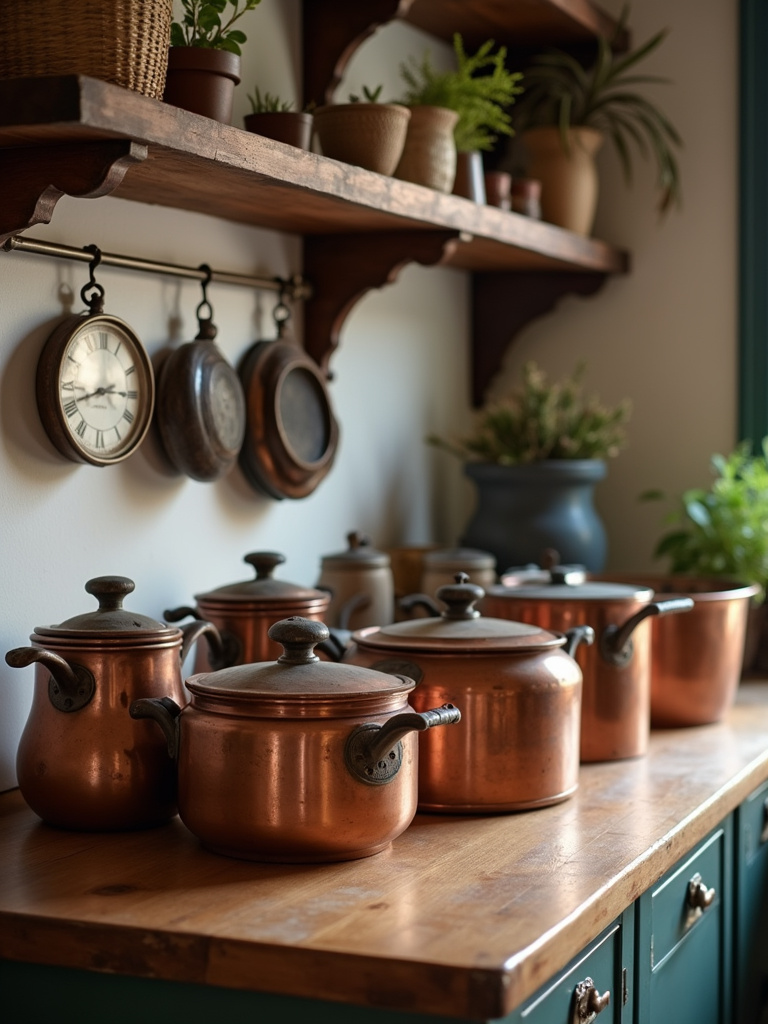 Traditional kitchen countertop with antique copper pots and vintage stoneware accessories.