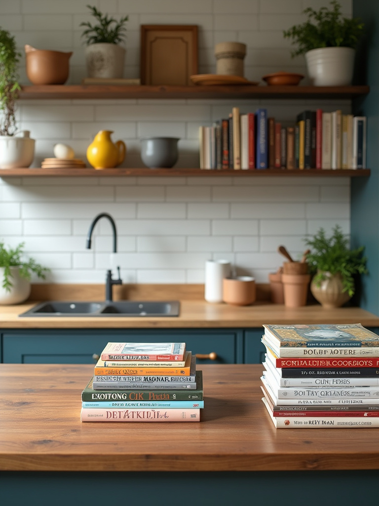 A kitchen featuring a variety of cookbooks displayed on shelves and countertops.