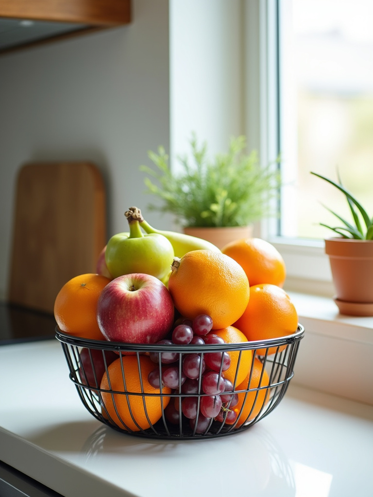 “Wire tiered fruit basket on a kitchen countertop, filled with colorful fruits – apples, oranges, bananas, and grapes – displaying fruit attractively and maximizing space.”