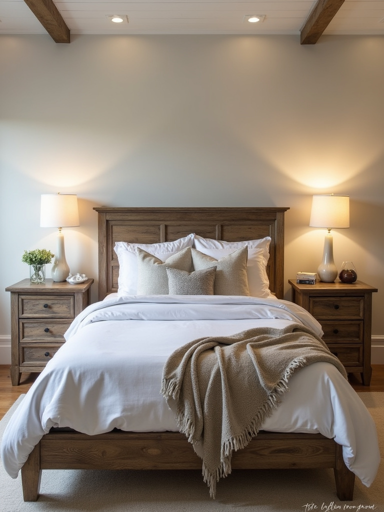 Rustic bedroom with distressed wood nightstands.