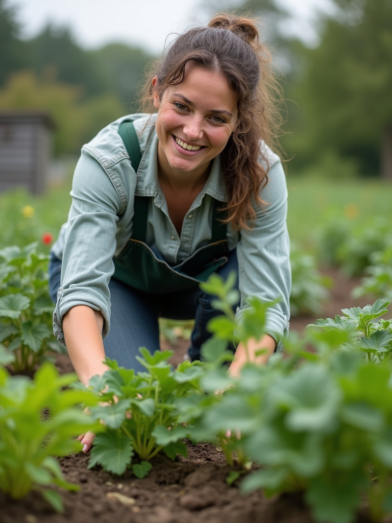 Gardener smiling while tending to their vegetable garden, showing the joy and satisfaction of gardening despite minor imperfections, emphasizing that gardening is a learning journey.