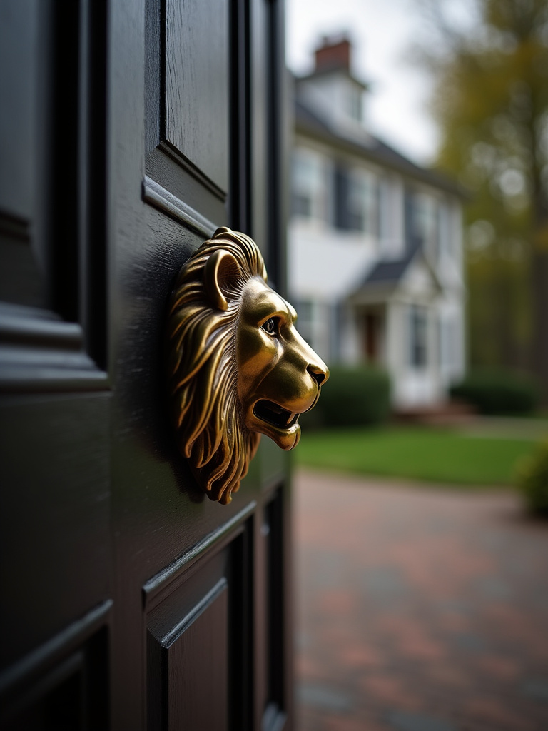 A dark wooden door featuring a polished brass lion head door knocker in the center.