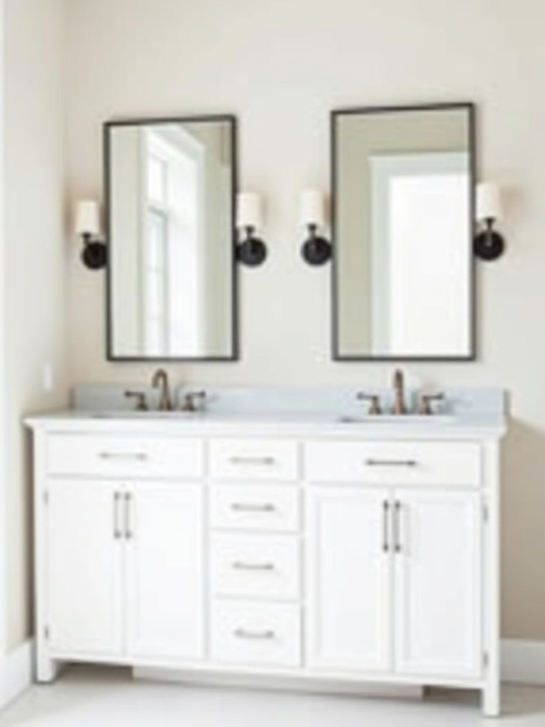 Symmetrical bathroom design with matching rectangular mirrors above a double vanity, creating individual spaces.