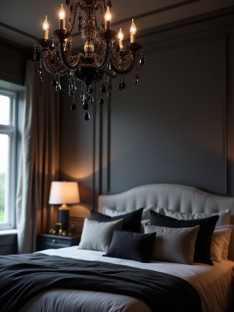 Dramatic black crystal chandelier as a statement piece in a glam bedroom.