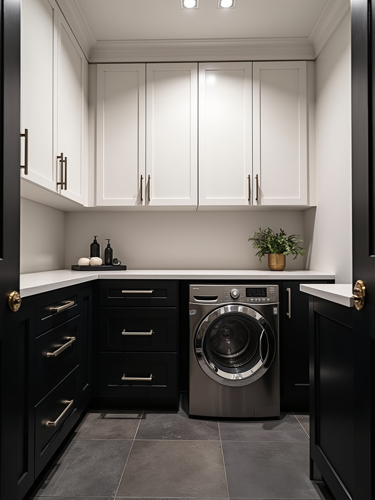 “Dramatic laundry room with charcoal black lower cabinets and white upper cabinets, illuminated by focused spotlights, showcasing a bold and modern design.”