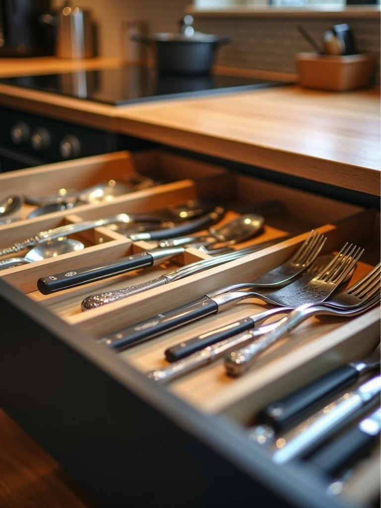 Organized kitchen drawer featuring dividers and compartments for utensils and cutlery, maximizing space and accessibility