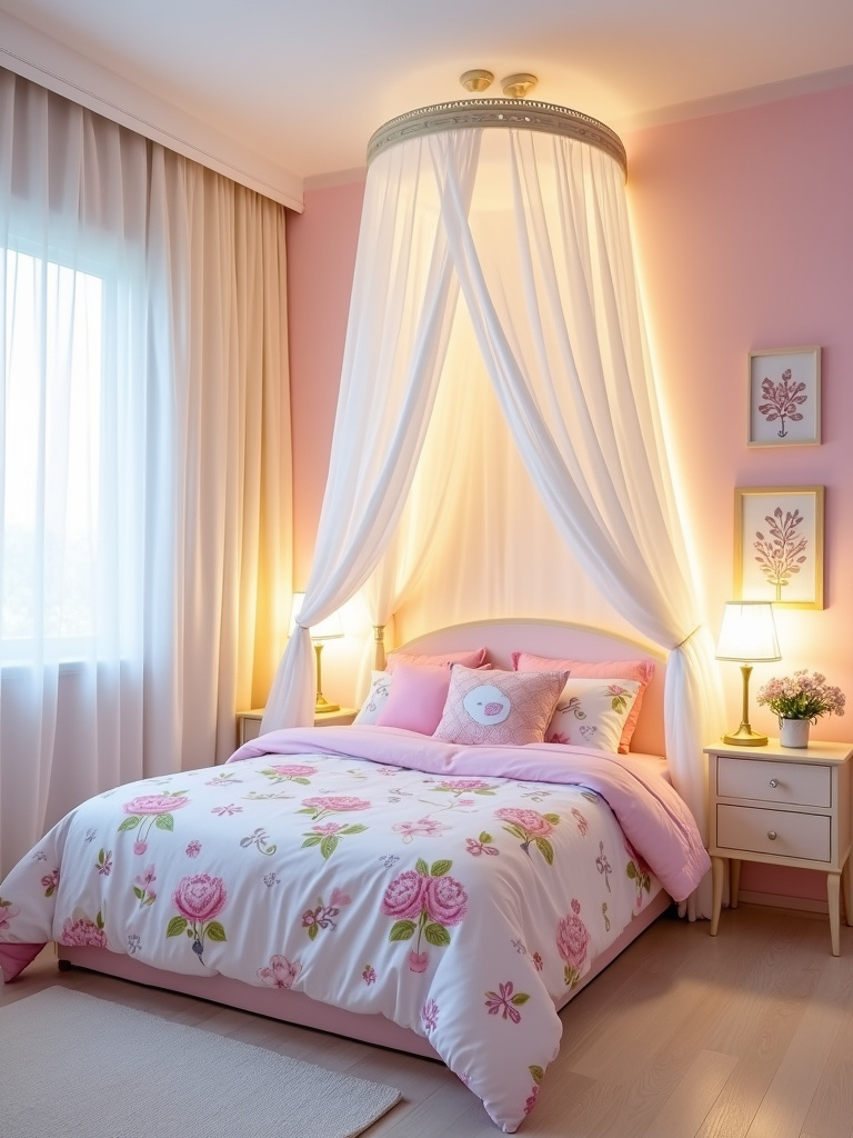 Dreamy kids bedroom with canopy bed and imaginative fairytale-themed bedding.
