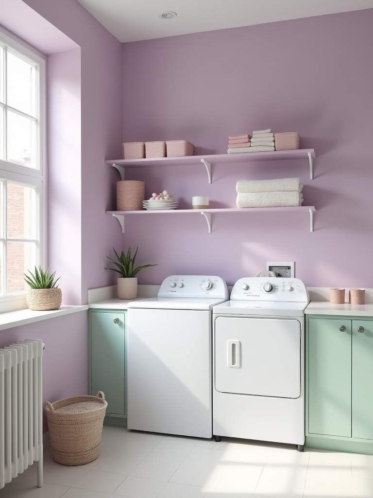 “Light and airy pastel laundry room with gentle daylight, featuring pale lavender walls, soft mint green cabinets, dusty rose accessories, and pastel-colored storage containers.”