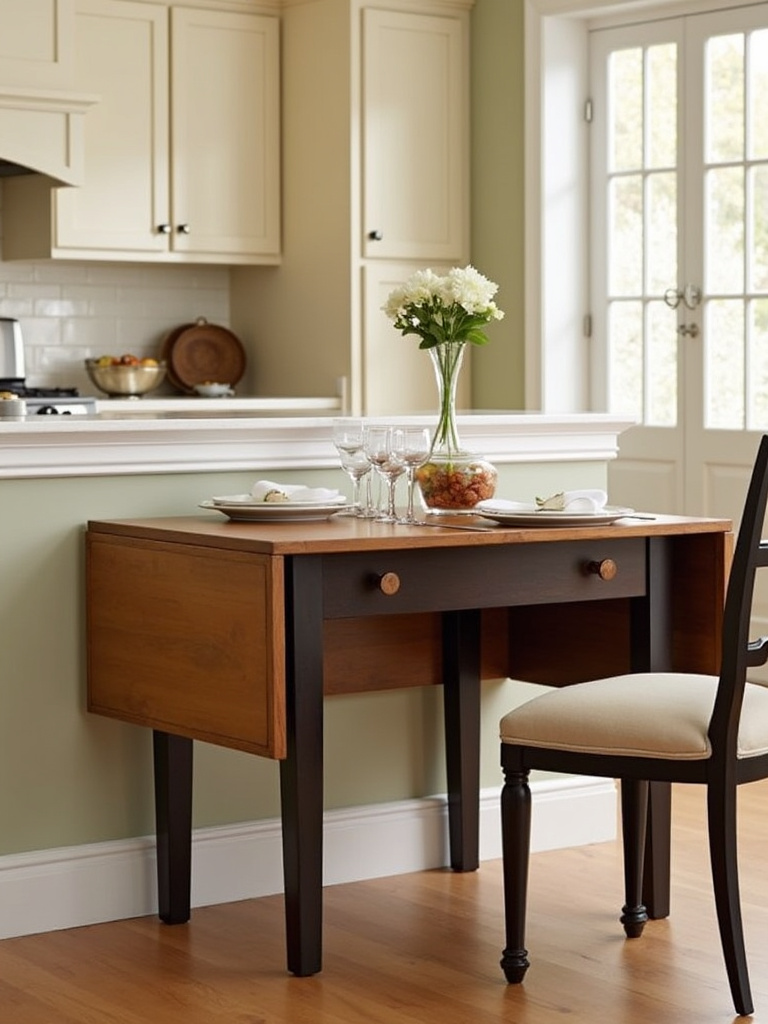 Drop-leaf kitchen table in a transitional style kitchen with one leaf folded down.