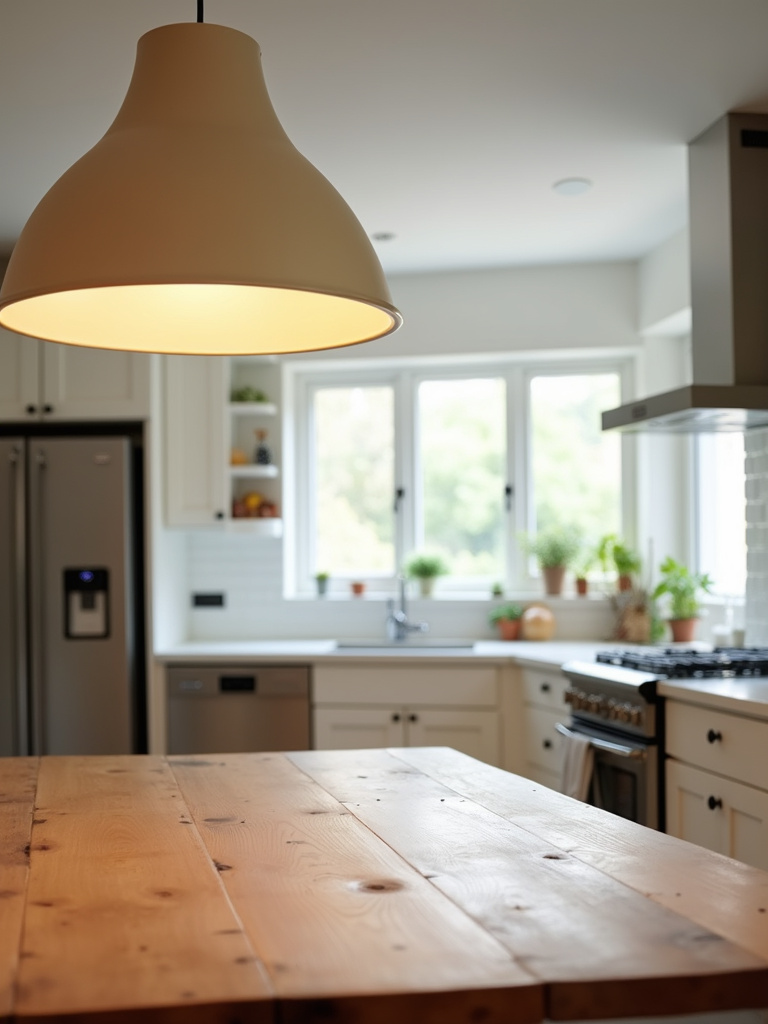 Kitchen with a wooden table illuminated by a beige drum pendant light.
