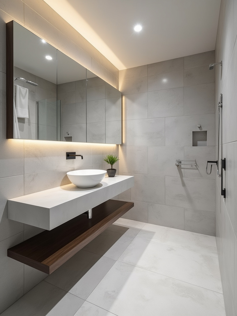 Modern bathroom with light gray large format porcelain tile walls and a sleek vanity.