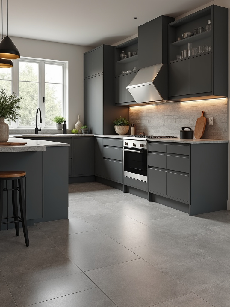 “Contemporary kitchen with durable grey porcelain floor tiles, a dark grey kitchen island, and stainless steel appliances.”