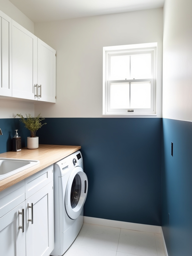 “Modern laundry room with dynamic two-tone walls, featuring navy blue lower walls and white upper walls, white shaker cabinets, a light wood countertop, and bright natural light.”