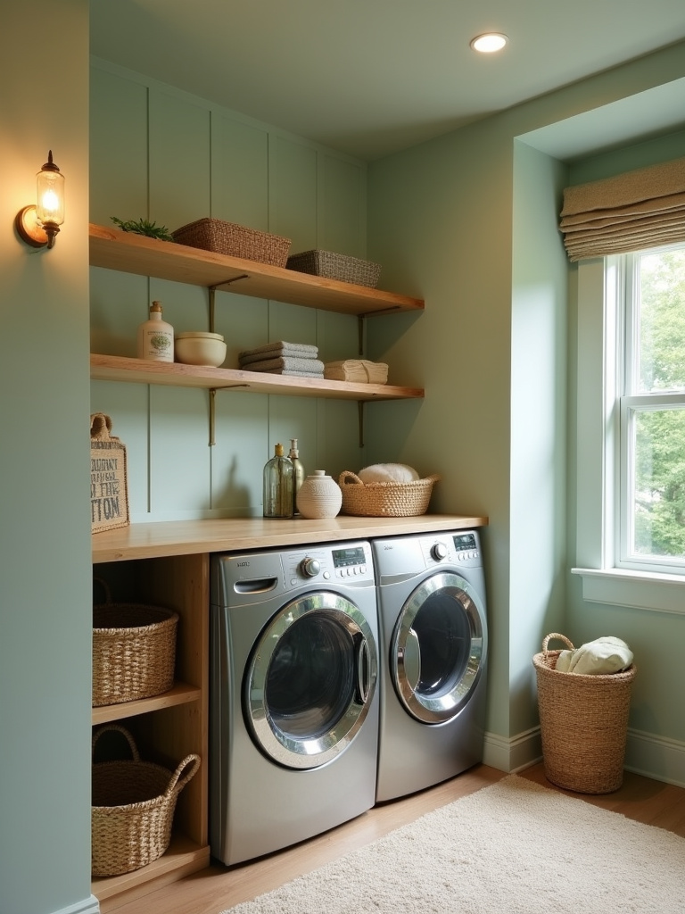“Calming sage green laundry room with warm sconce lighting, featuring sage green walls, light wood open shelves, stainless steel appliances, and woven baskets.”