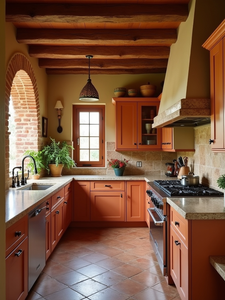 Rustic terracotta kitchen with stone countertops and brick accents.