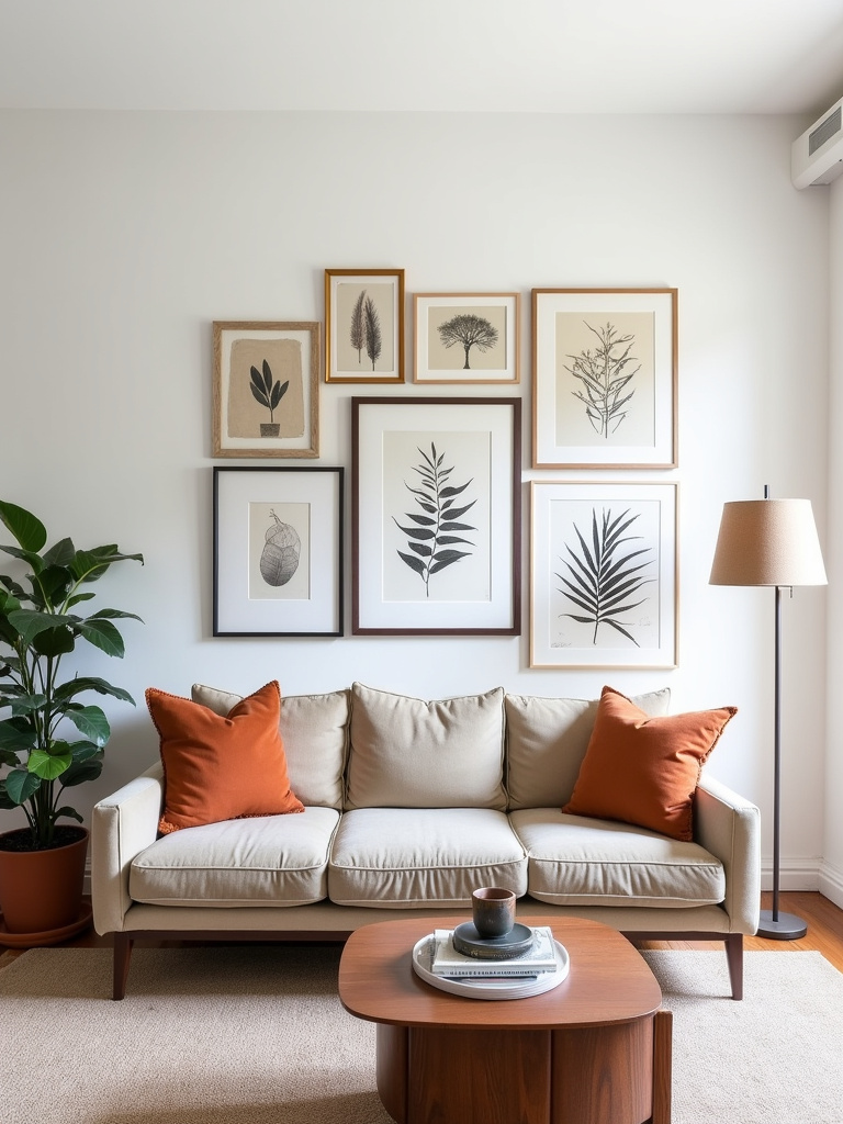 Eclectic stylish living room with a curated mix of framed art prints in various styles and sizes above a velvet sofa.