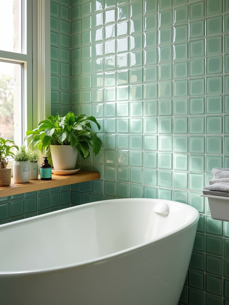 Eco-friendly bathroom featuring recycled glass tiles in green and blue tones and natural elements.