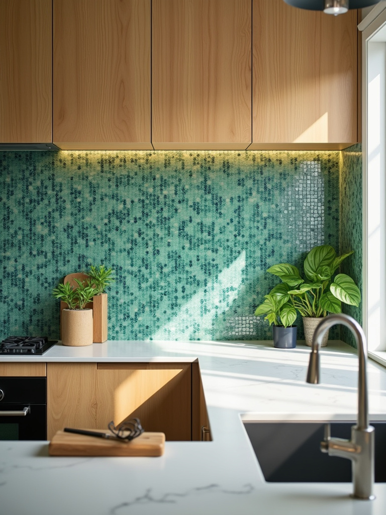 “Modern eco-conscious kitchen with a recycled glass mosaic tile backsplash, sustainable bamboo cabinets, and a recycled material countertop.”