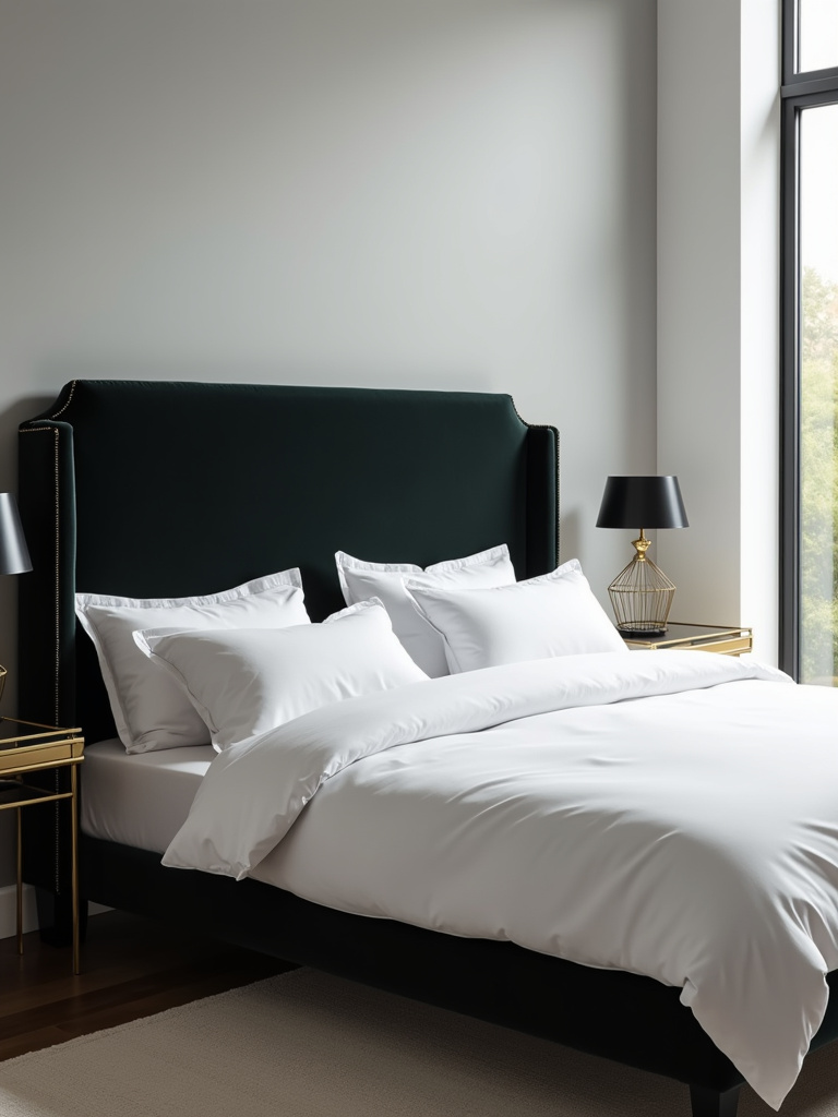 Elegant black velvet headboard in a modern bedroom setting.