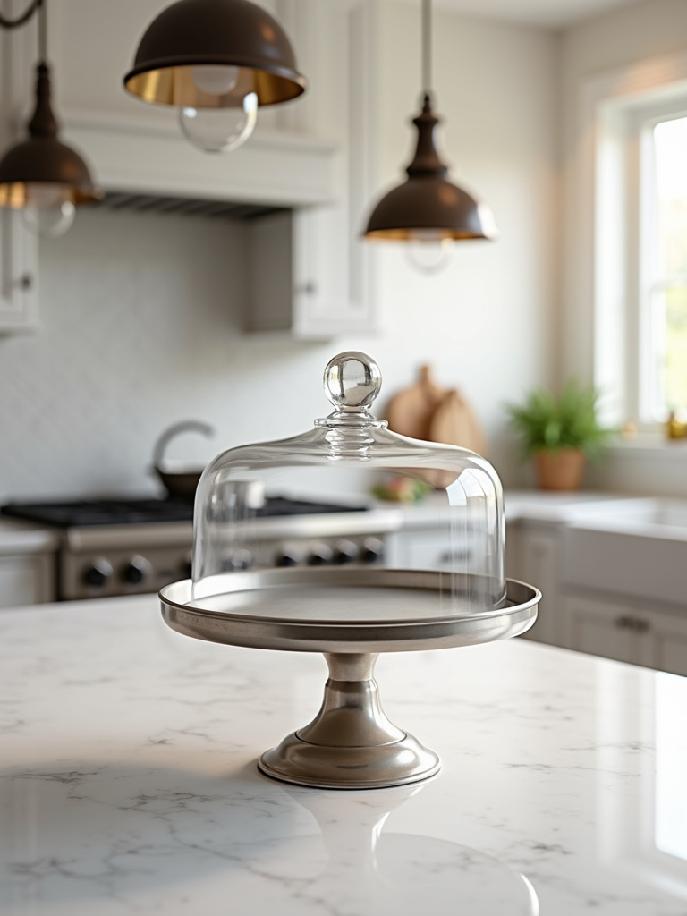 Silver cake stand with a clear glass dome on a white marble kitchen countertop.