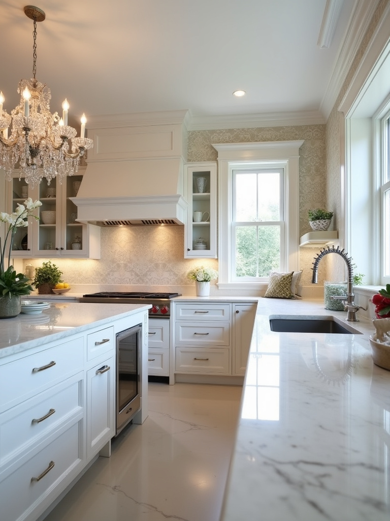 An elegant kitchen interior enhanced by a damask patterned wallpaper, with soft chandelier lighting above a kitchen island.