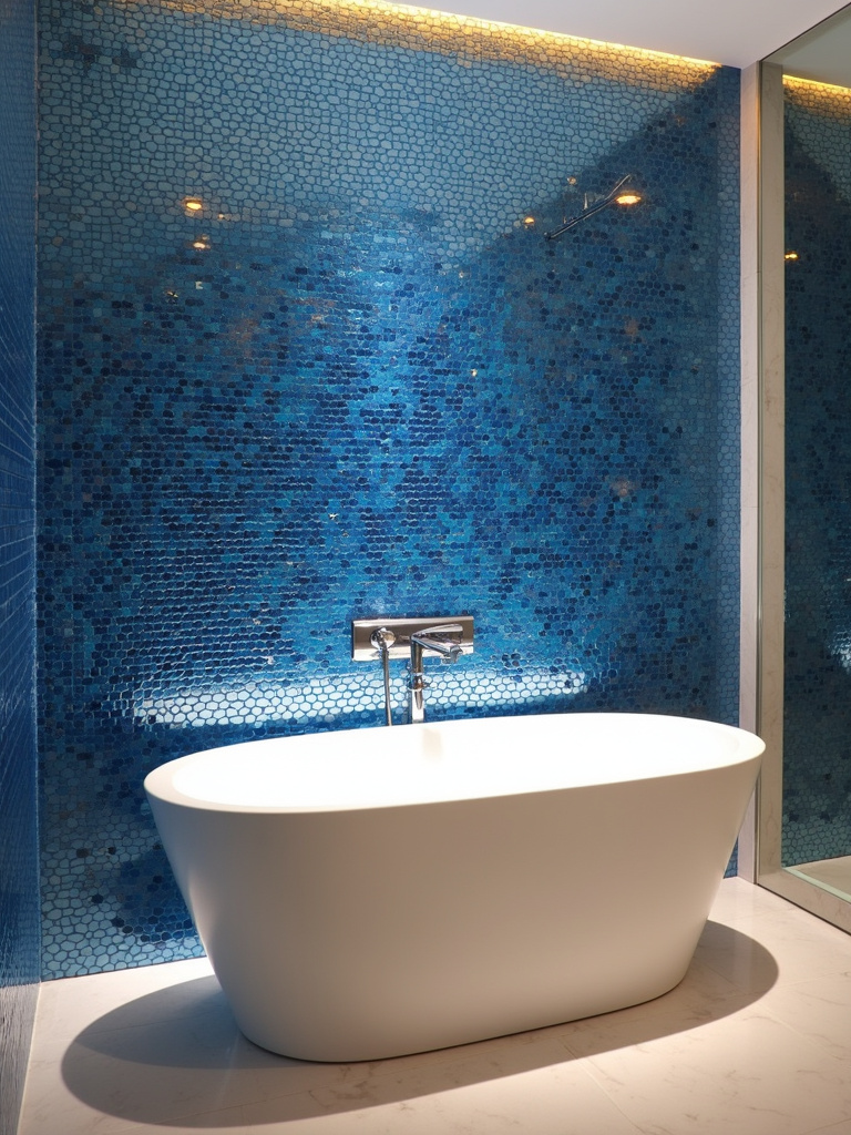 Luxurious bathroom featuring a shimmering blue glass mosaic tile accent wall and a freestanding bathtub.