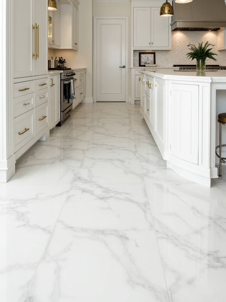 “Sophisticated kitchen with marble-look porcelain floor tiles and backsplash, white shaker cabinets, gold hardware, and a marble-topped island.”