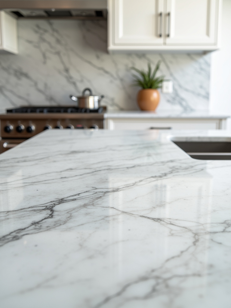 A high-end kitchen with light grey marble tiles, showcasing their veining and natural elegance across the entire backsplash.