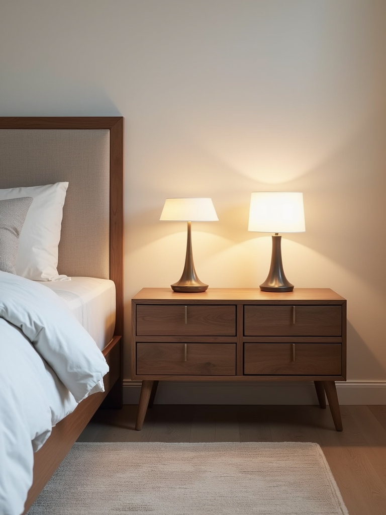 Two elegant dark wood nightstands placed on either side of a king bed.