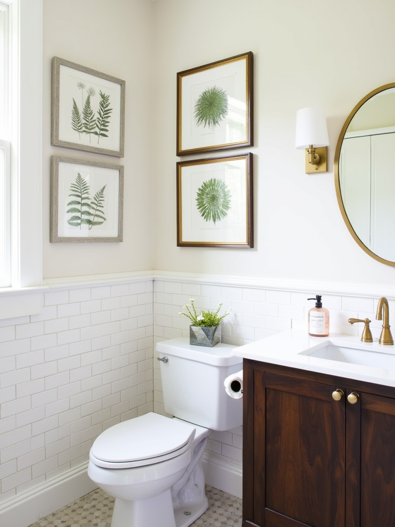 Elegant bathroom with framed botanical prints of ferns hanging above the toilet, showcasing a classic and nature-inspired wall decoration.