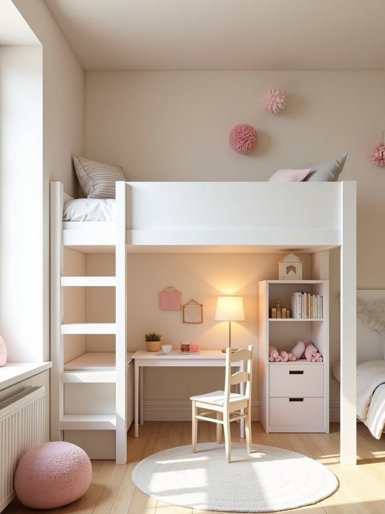 Loft bed in a kids bedroom with a study desk underneath.