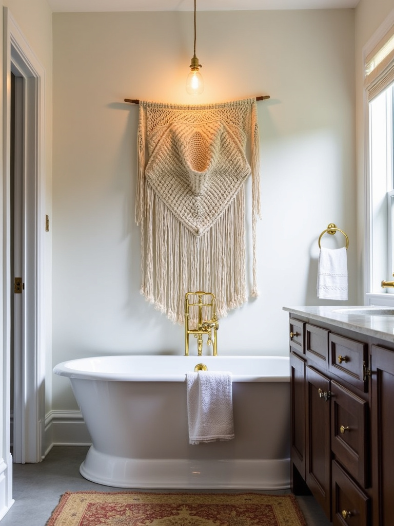 Eclectic bathroom featuring a large macrame wall hanging with tassels above the bathtub, embracing boho vibes as textured wall decoration.