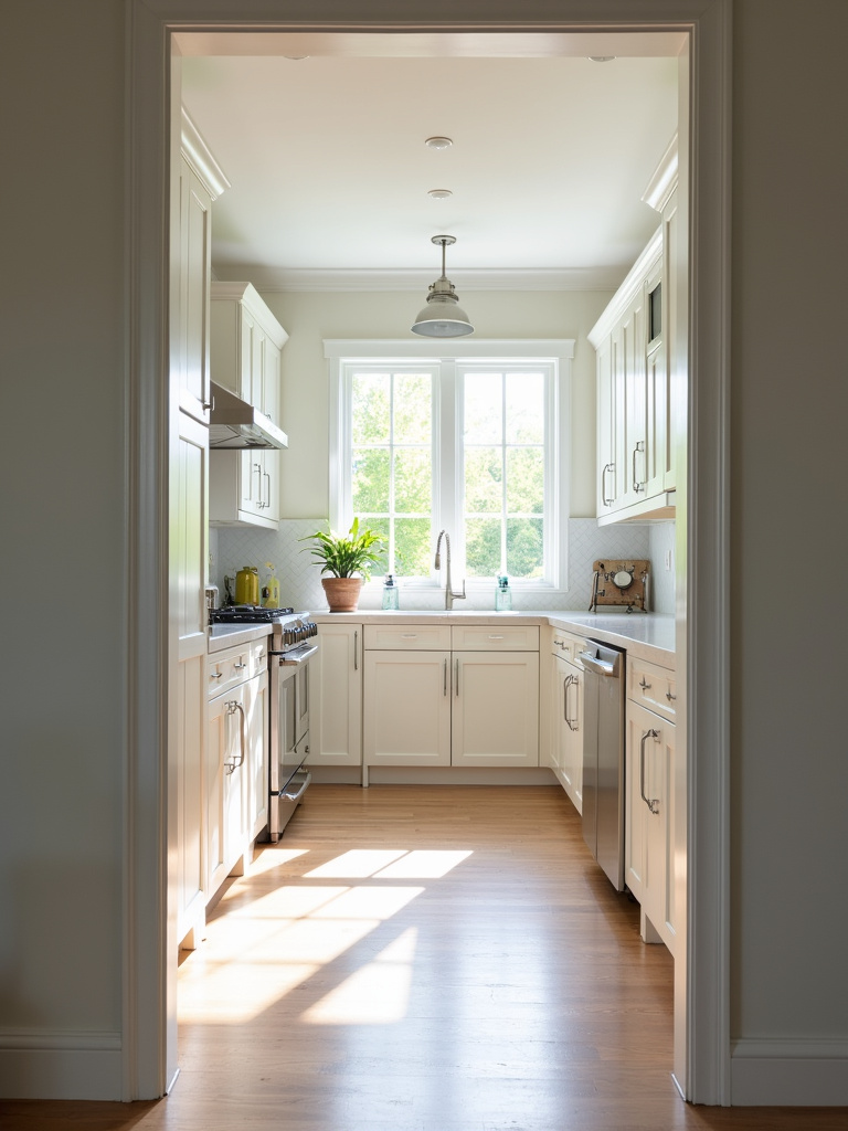 Bright traditional kitchen with elegant white Shaker cabinets.