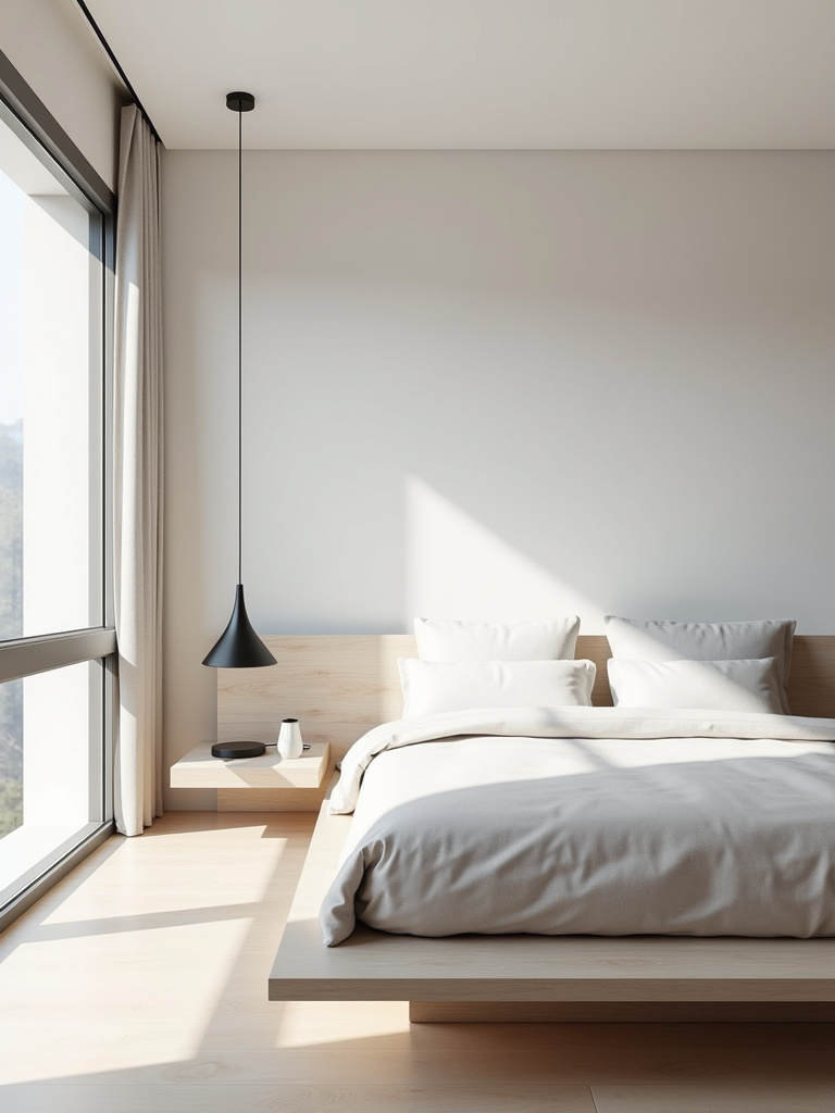 Minimalist modern bedroom with a platform bed, neutral color palette, and clean lines.
