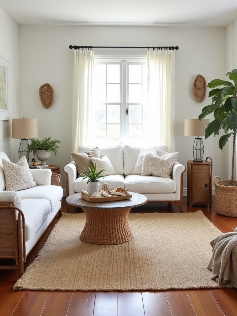 Coastal living room featuring a large natural jute rug and white linen furniture.