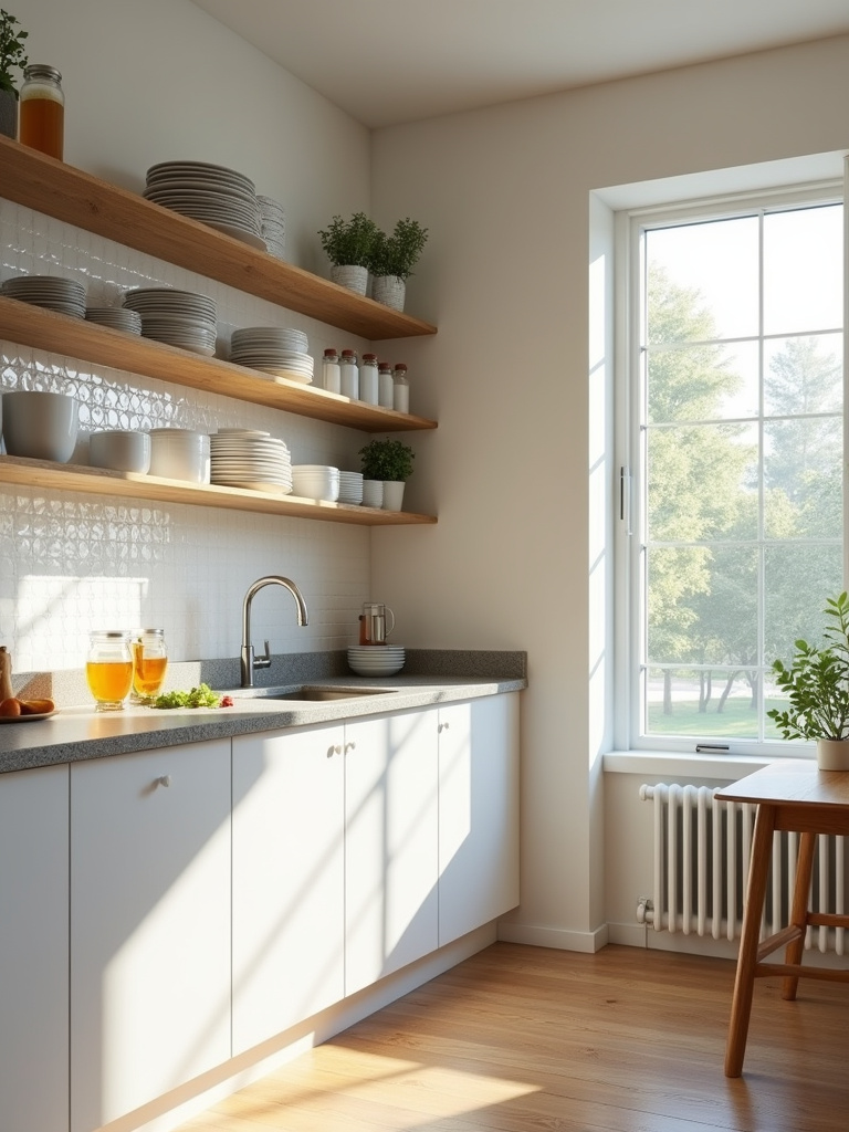 A bright and airy kitchen featuring open shelving with neatly displayed dishes and jars.