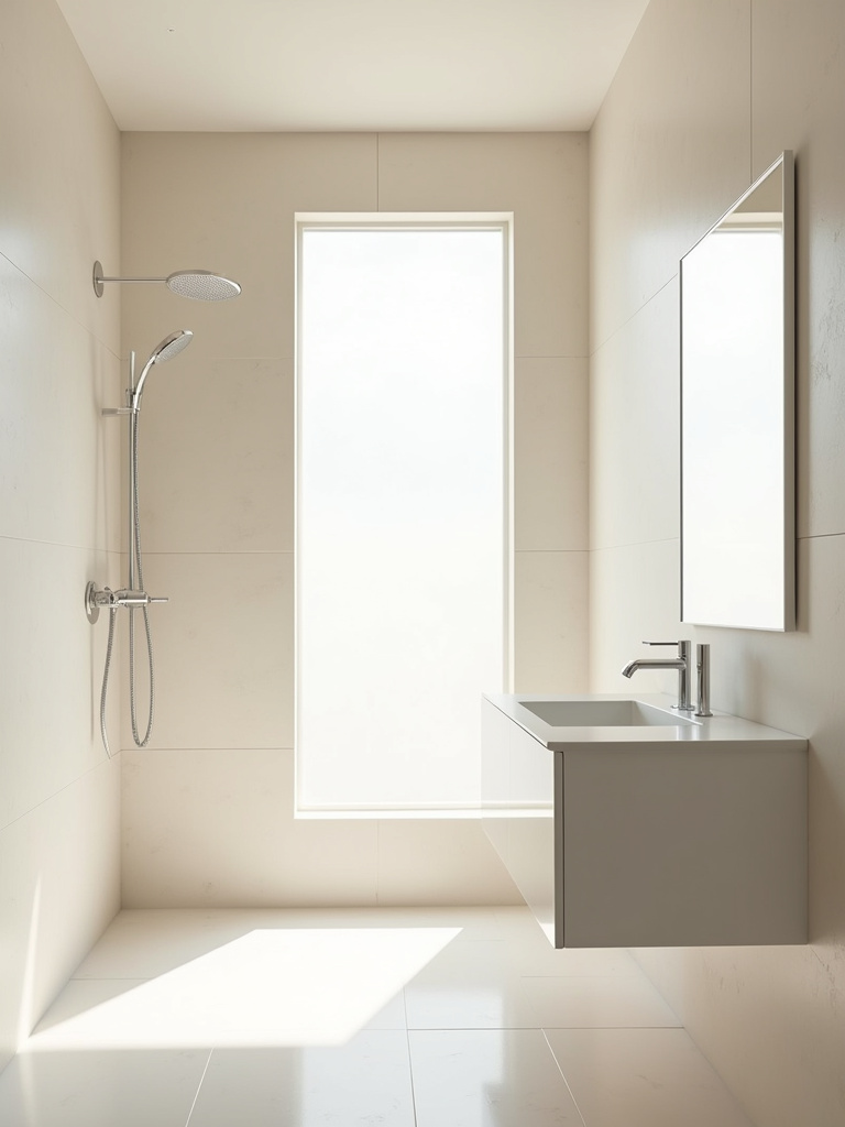 Bright minimalist bathroom with white and cream neutral color palette.