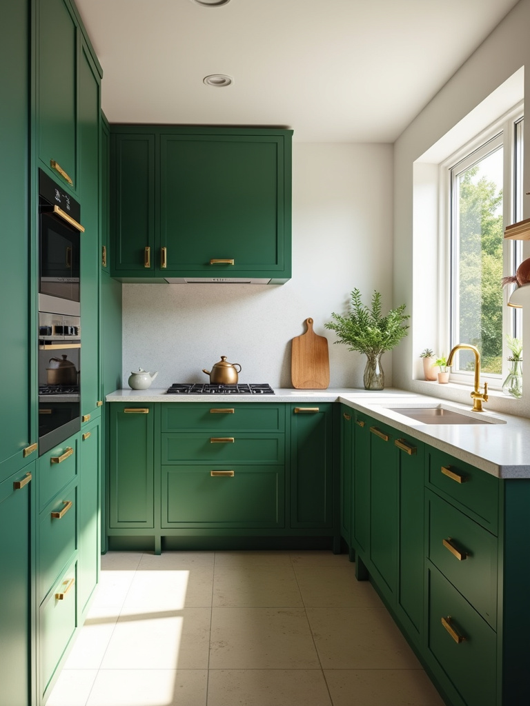 Modern kitchen with emerald green cabinets and gold hardware, bathed in natural light