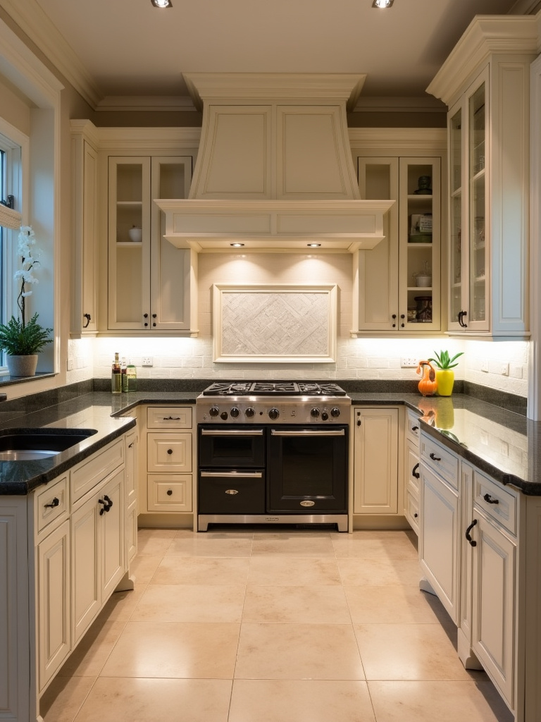 Symmetrical layout in a balanced traditional kitchen design.
