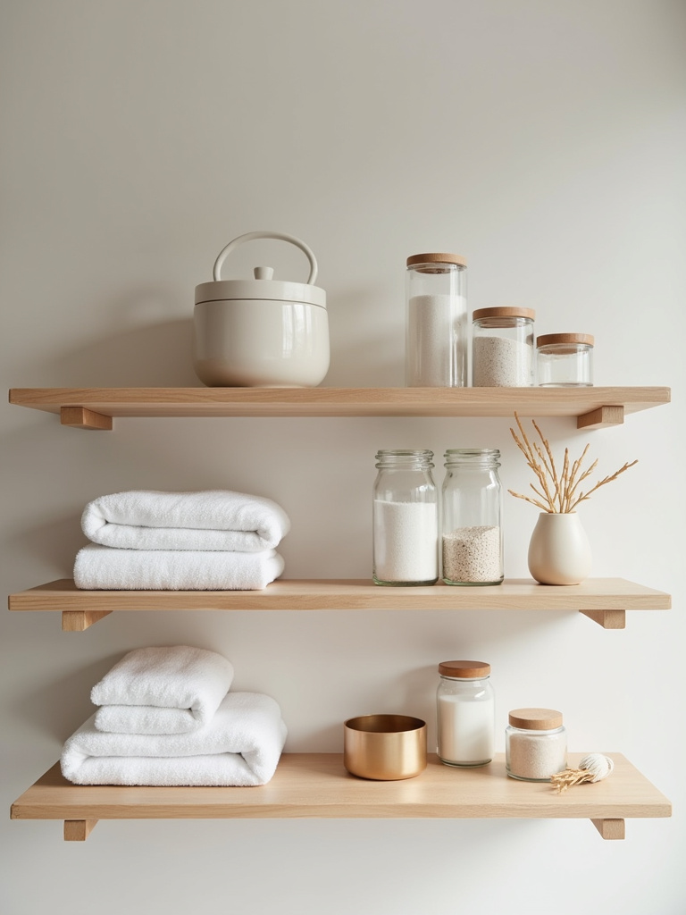 Minimalist bathroom open shelving with curated white towels and bath products.