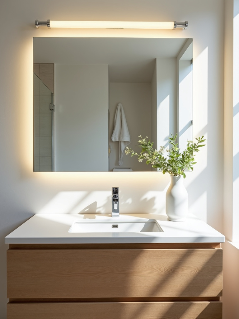 Eco-conscious bathroom with energy-efficient LED vanity lights integrated into the mirror and above the vanity.
